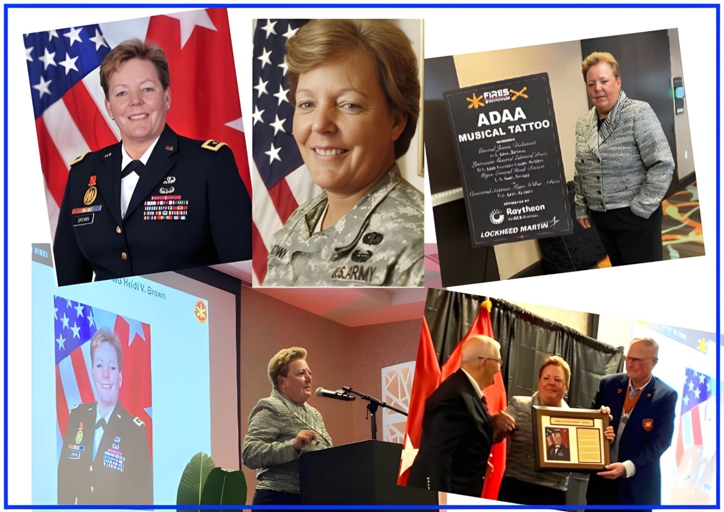 A collage of images features a woman in military uniform and civilian attire, with American flags and awards visible in the background.