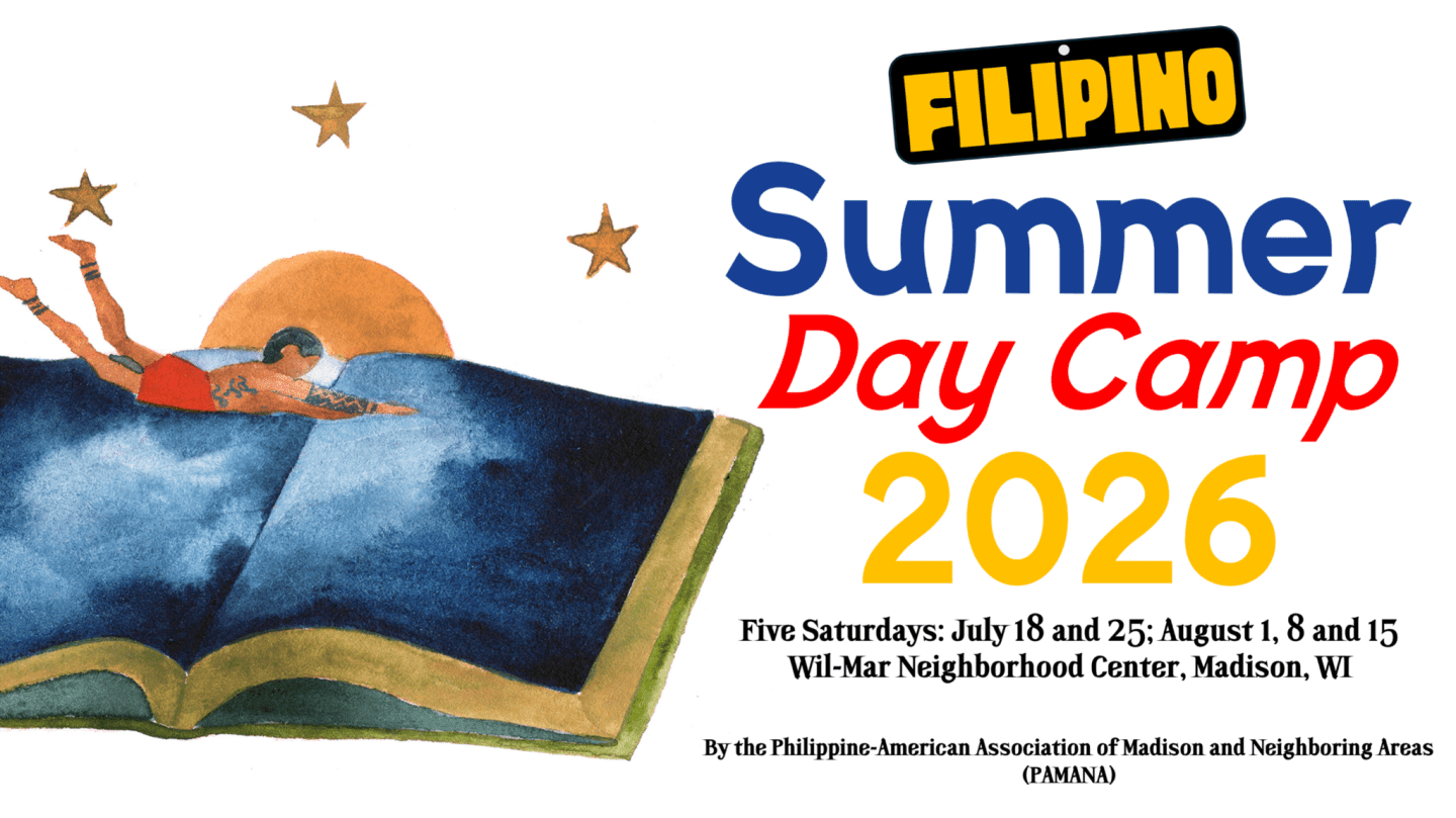 A swimmer dives into an open book under a sunset with stars, advertising a Filipino Summer Day Camp in 2026.