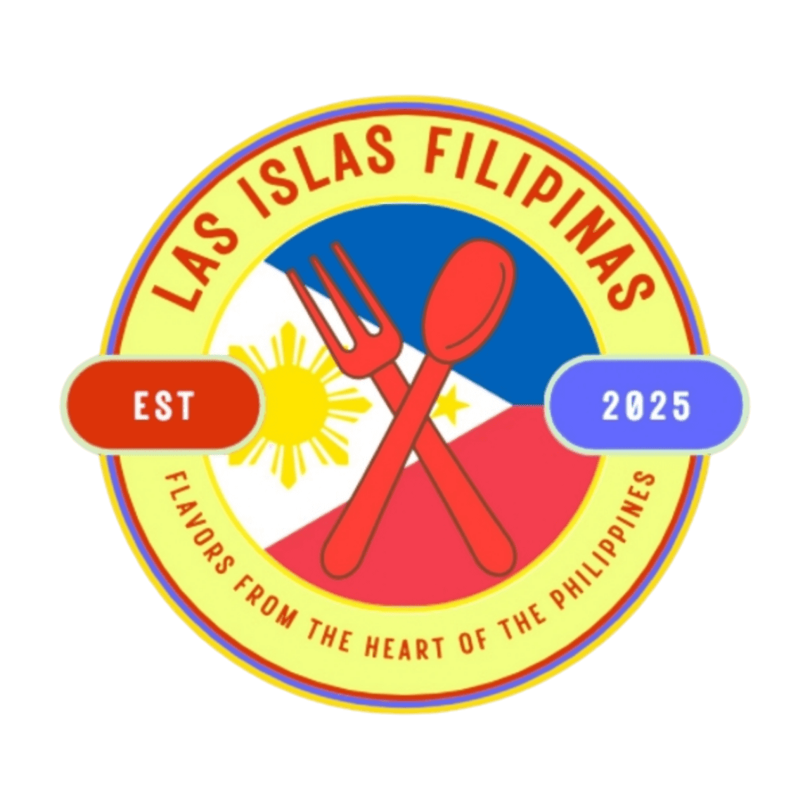 A red fork and spoon are crossed in front of the Philippine flag, with "LAS ISLAS FILIPINAS" and "FLAVORS FROM THE HEART OF THE PHILIPPINES" encircling the emblem.