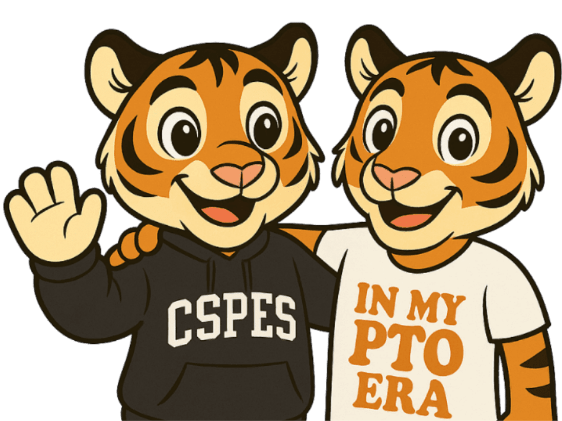 Two cartoon tigers, one wearing a black hoodie with "CSPES" and the other a white shirt with "IN MY PTO ERA," stand together against a plain white background.