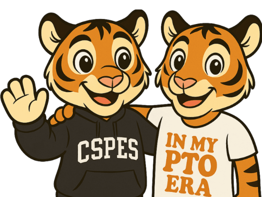 Two cartoon tigers, one wearing a black hoodie with "CSPES" and the other a white shirt with "IN MY PTO ERA," stand together against a plain white background.