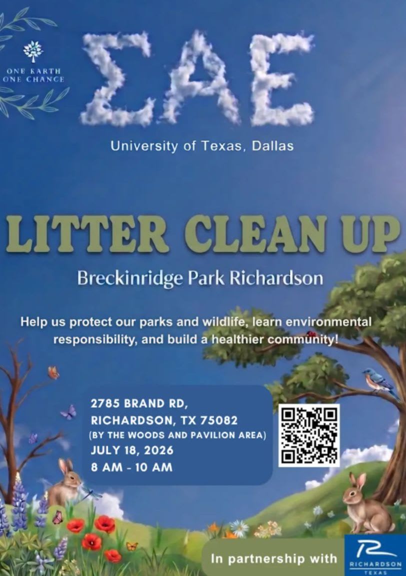 A flyer for a litter clean-up event at Breckinridge Park features fluffy clouds forming the letters "ΣΑΕ" against a bright blue sky in the background, while the foreground is a vibrant illustration of a park scene with rabbits, wildflowers, and trees.