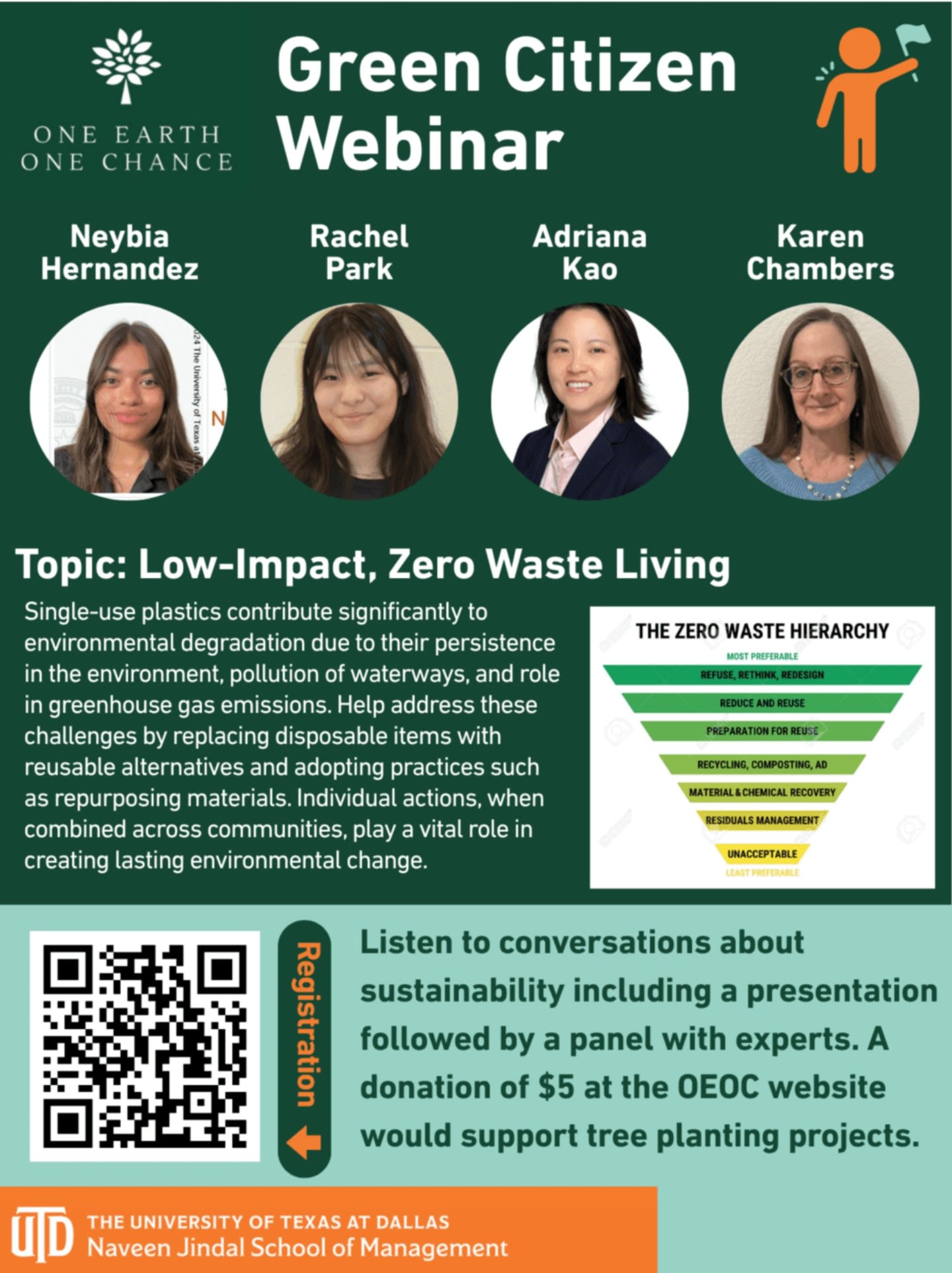 A green flyer advertises a "Green Citizen Webinar" on "Low-Impact, Zero Waste Living" featuring four speakers, with a QR code for registration and the University of Texas at Dallas logo in the background.