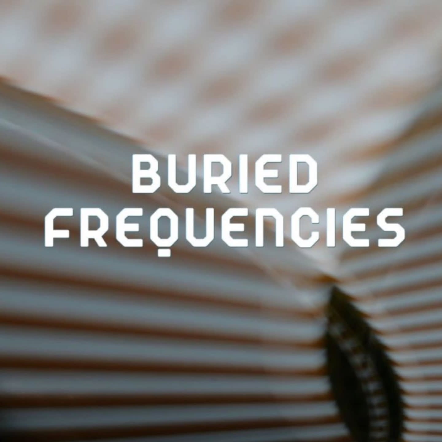 White text reading "BURIED FREQUENCIES" is superimposed over a blurred background of textured, layered material.