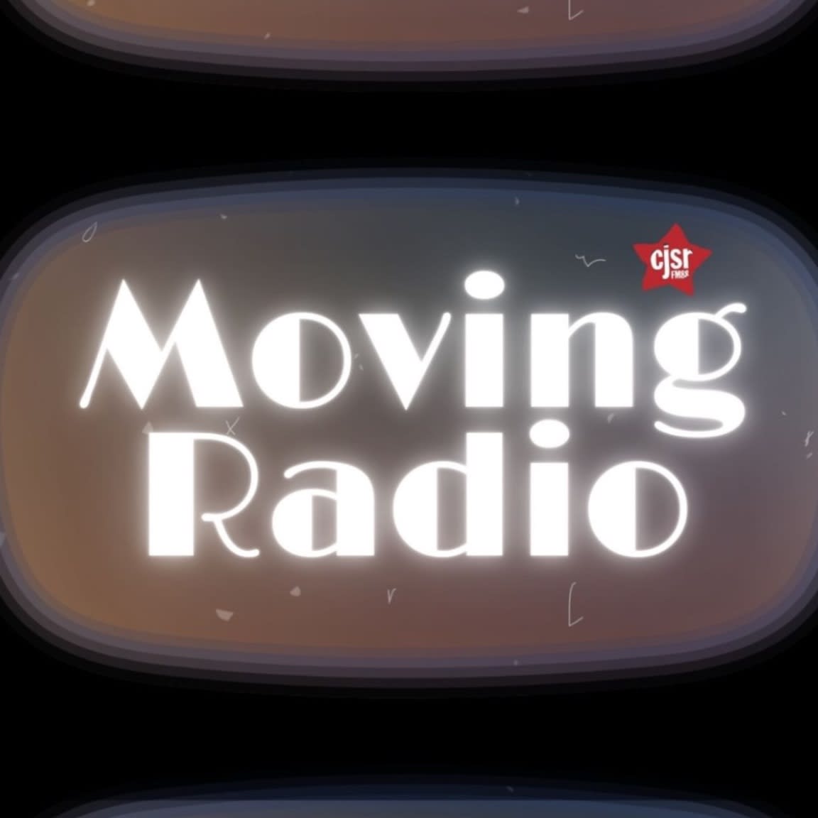 Glowing white text spelling "Moving Radio" is centered on a dark, oval-shaped background with a small red CJSR logo in the upper right corner.