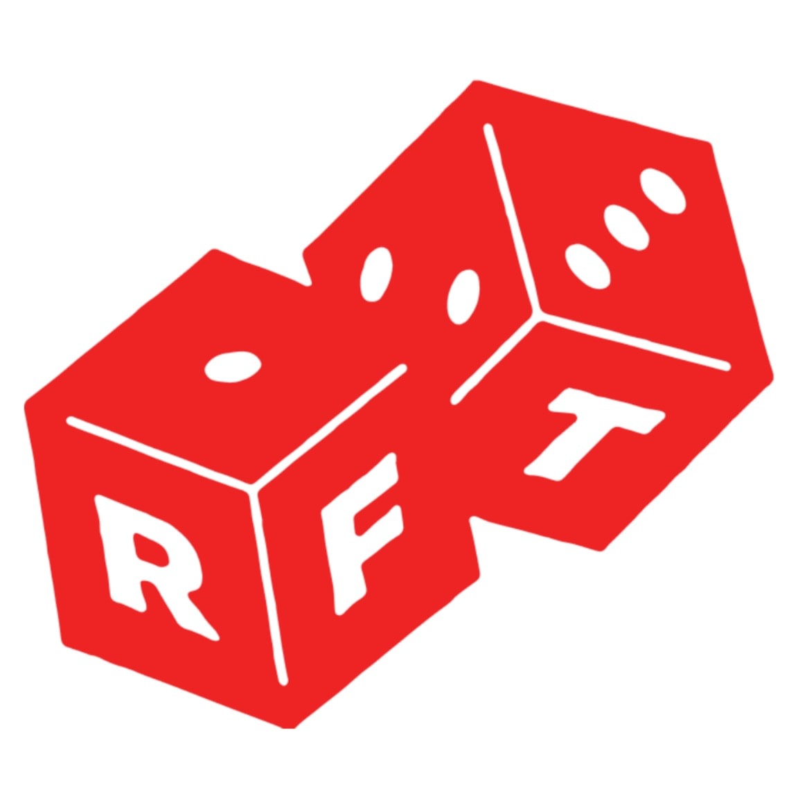 Two red dice with white dots and letters "RFT" on their faces are shown against a white background.