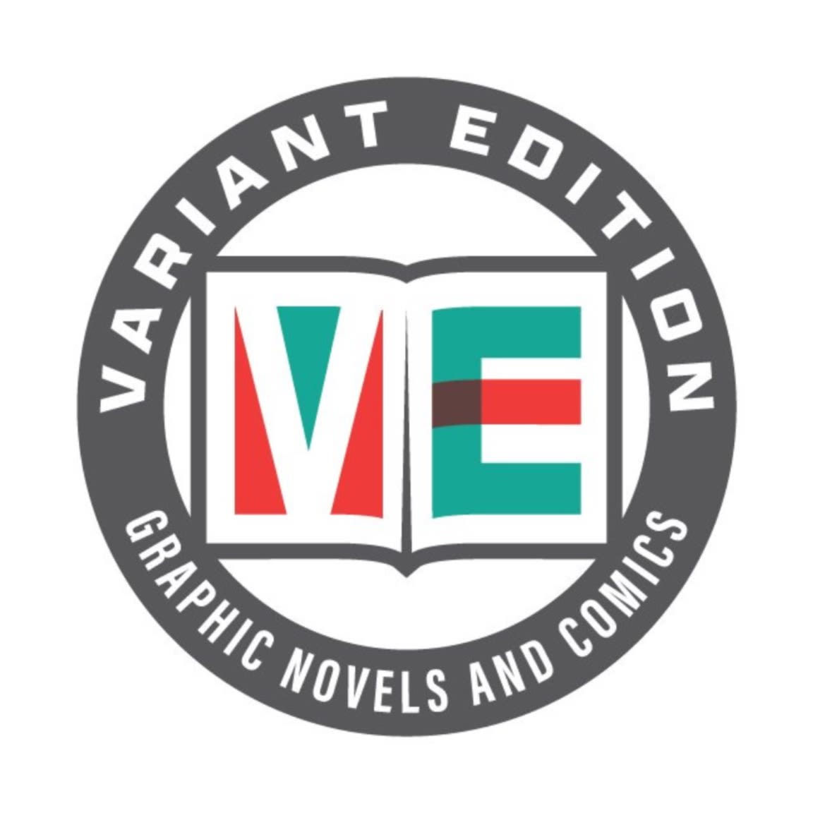 A circular logo with the words "VARIANT EDITION GRAPHIC NOVELS AND COMICS" encircling an open book with the letters "VE" in red and teal on its pages, set against a white background.