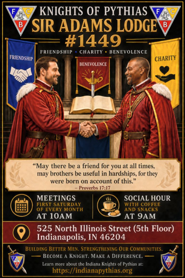 Two men in ceremonial robes shake hands in the foreground, with a banner displaying the Knights of Pythias logo and lodge information in the background.