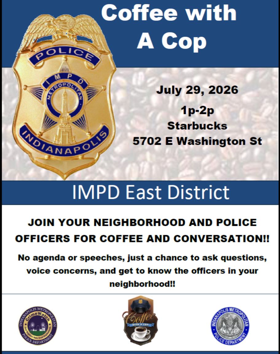 A police badge is in the foreground against a background of coffee beans, advertising a "Coffee with A Cop" event.