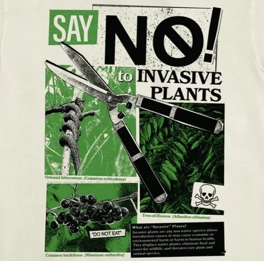 Large shears cut through a vine in the foreground, while the background displays text and images warning against invasive plants.