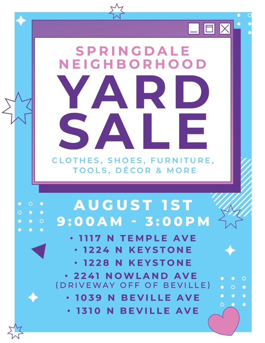 A bright blue and purple flyer advertises a Springdale Neighborhood Yard Sale on August 1st, listing addresses and items for sale, with scattered stars and dots in the background.