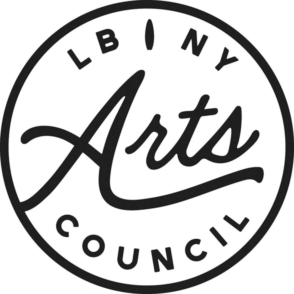 A black and white circular logo with the words "Arts COUNCIL" in script and block letters, surrounded by "LBINY" in the background.