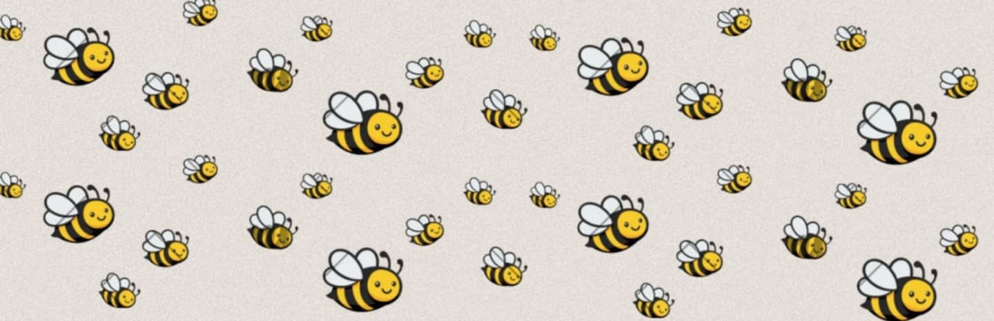 Cute cartoon bees are scattered across a light beige textured background.