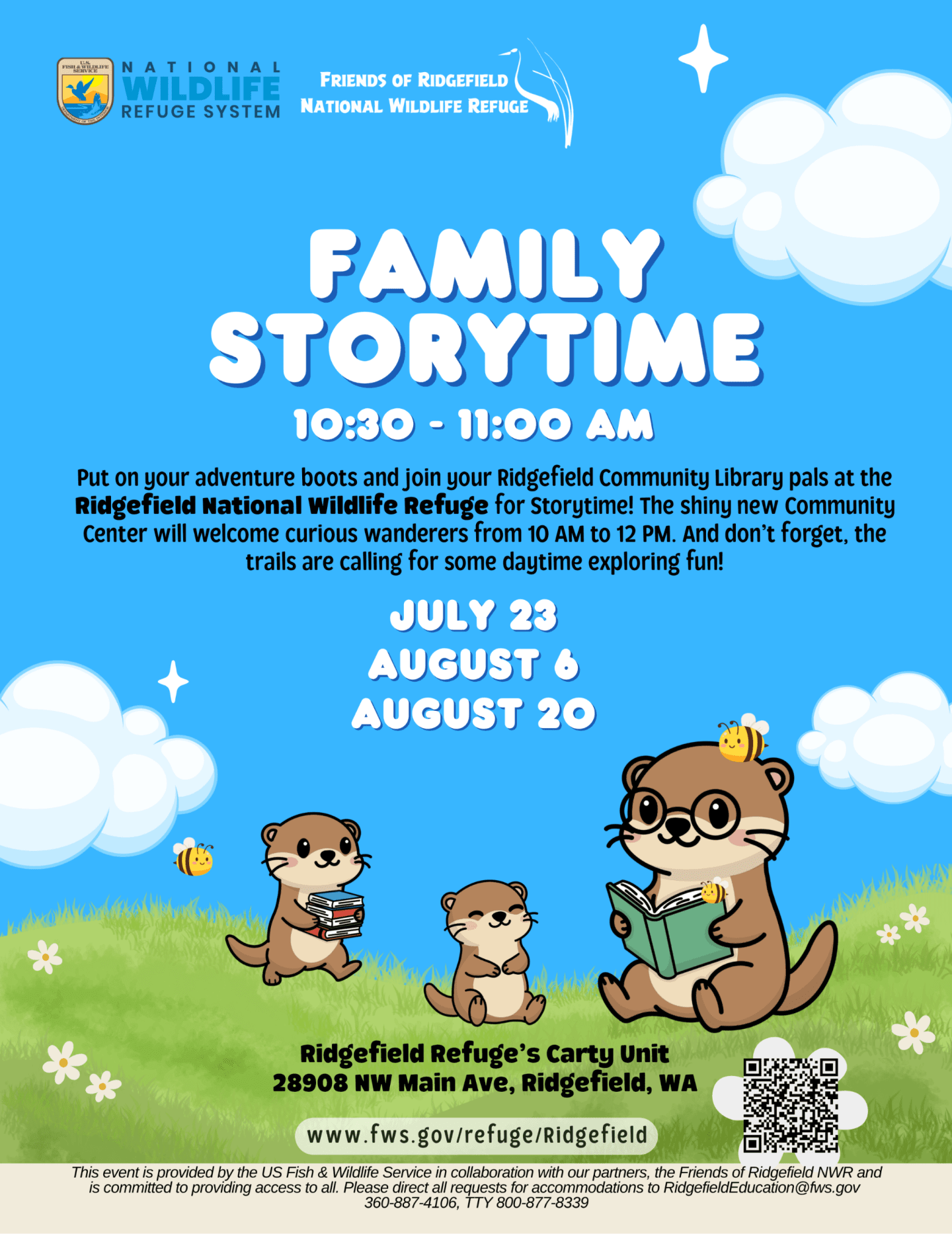 Three cartoon otters, one reading a book and two holding books, are in a grassy field with fluffy clouds in the blue sky background.