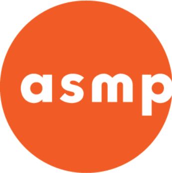 White letters spelling "asmp" are centered on a bright orange circle.