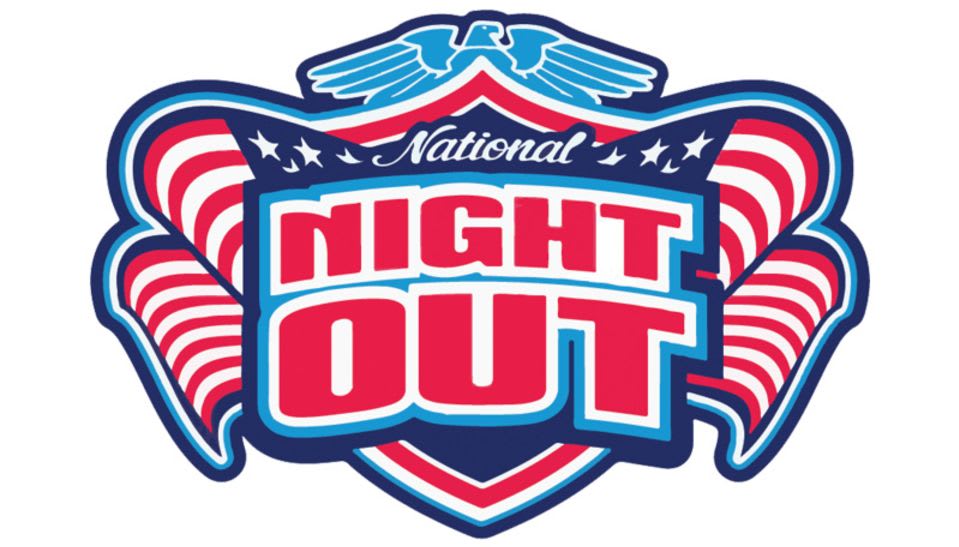 A red, white, and blue shield with "National Night Out" emblazoned in bold letters is set against a white background, framed by stylized American flag elements.