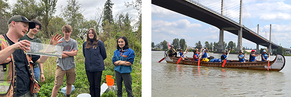 two photos side by side. The one on the left shows an expert talking to youth next to him about the fish sample in his hand. The photo on the right shows a group of people in a Voyageur canoe, passing under the Golden Ears Bridge near Surrey, BC.
