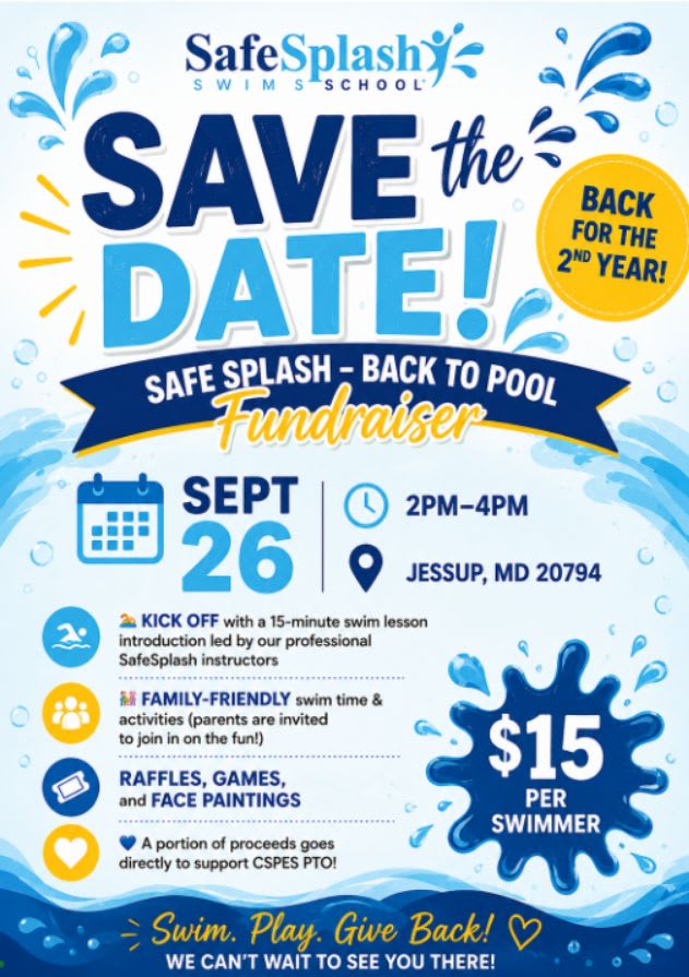 A blue and white flyer announces a "Safe Splash - Back to Pool Fundraiser" on September 26th from 2-4 PM in Jessup, MD, with water splashes and pool-themed graphics in the background.
