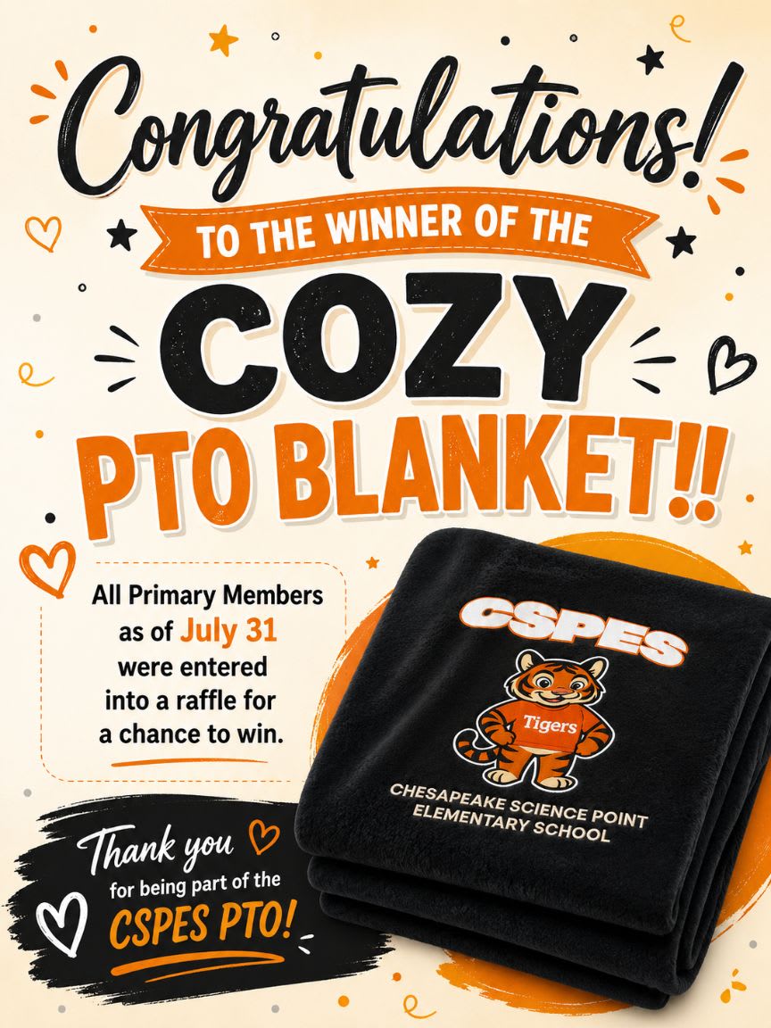 A folded black blanket with the CSPES Tigers logo is in the foreground, set against a celebratory background announcing the winner of the Cozy PTO Blanket.
