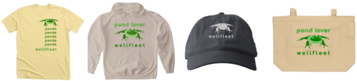 A yellow t-shirt, a tan hoodie, a dark gray baseball cap, and a tan tote bag are displayed against a white background, each featuring a green frog graphic and text.