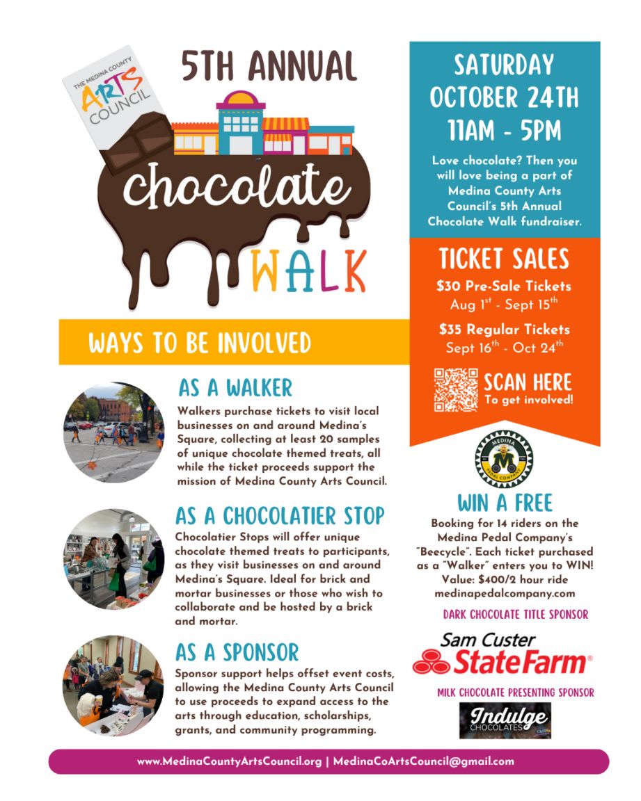 A flyer for the 5th Annual Chocolate Walk fundraiser by the Medina County Arts Council is displayed with event details and ways to participate in the foreground, and a stylized illustration of buildings with dripping chocolate in the background.