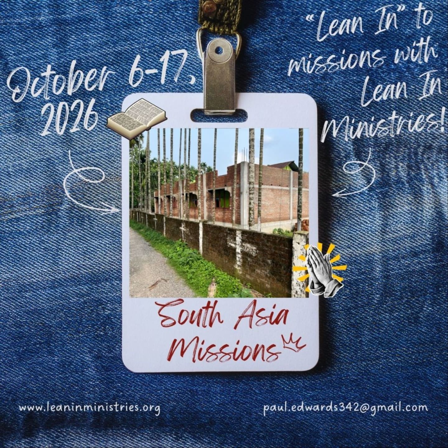 A white lanyard with a photo of a building under construction in South Asia hangs against a denim background, with text announcing "Lean In" to missions with Lean In Ministries from October 6-17, 2026.