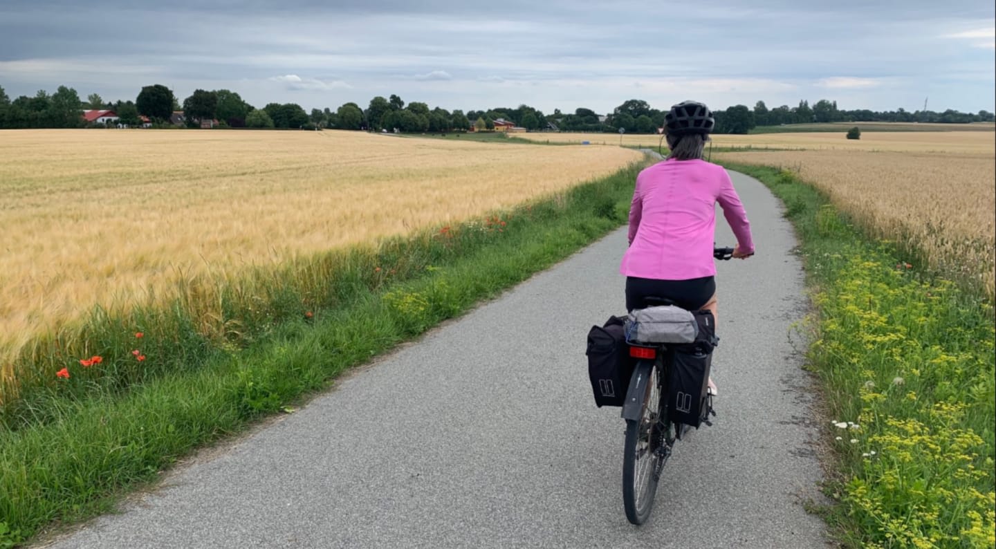 A person cycles on a paved path through golden fields under a cloudy sky.