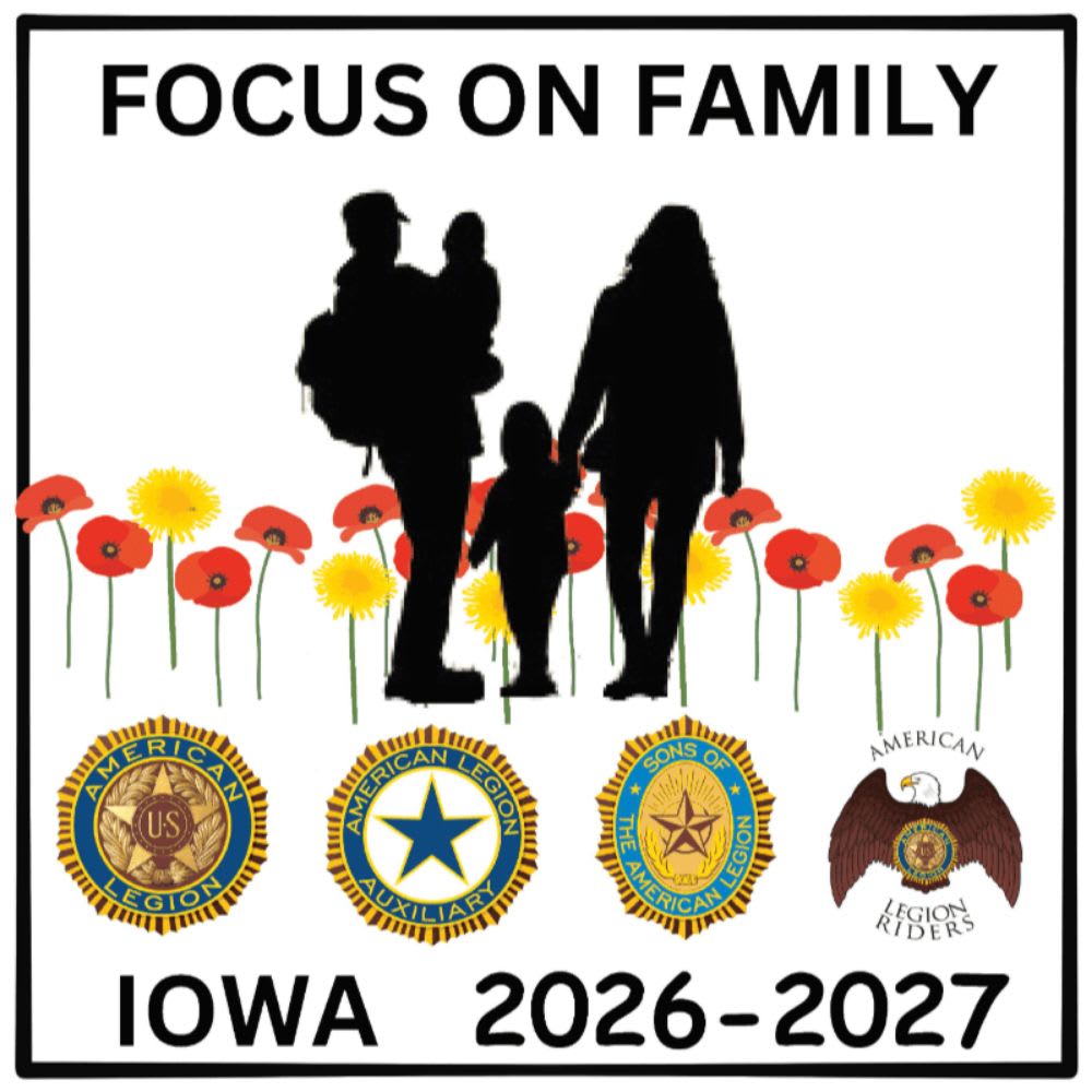 Silhouetted figures of a family walk through a field of poppies and dandelions, with American Legion emblems and "IOWA 2026-2027" below.