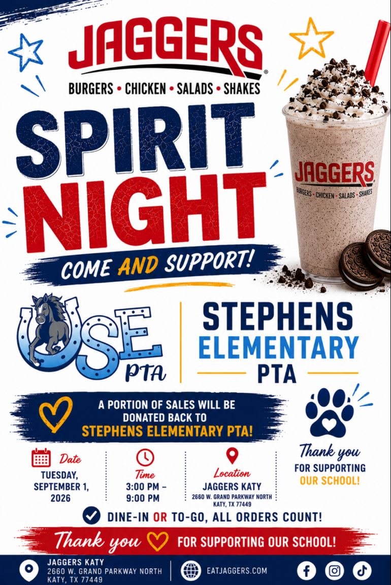 A Jaggers Spirit Night flyer advertises a fundraising event for Stephens Elementary PTA, featuring a milkshake and cookies in the foreground against a blue and red background.
