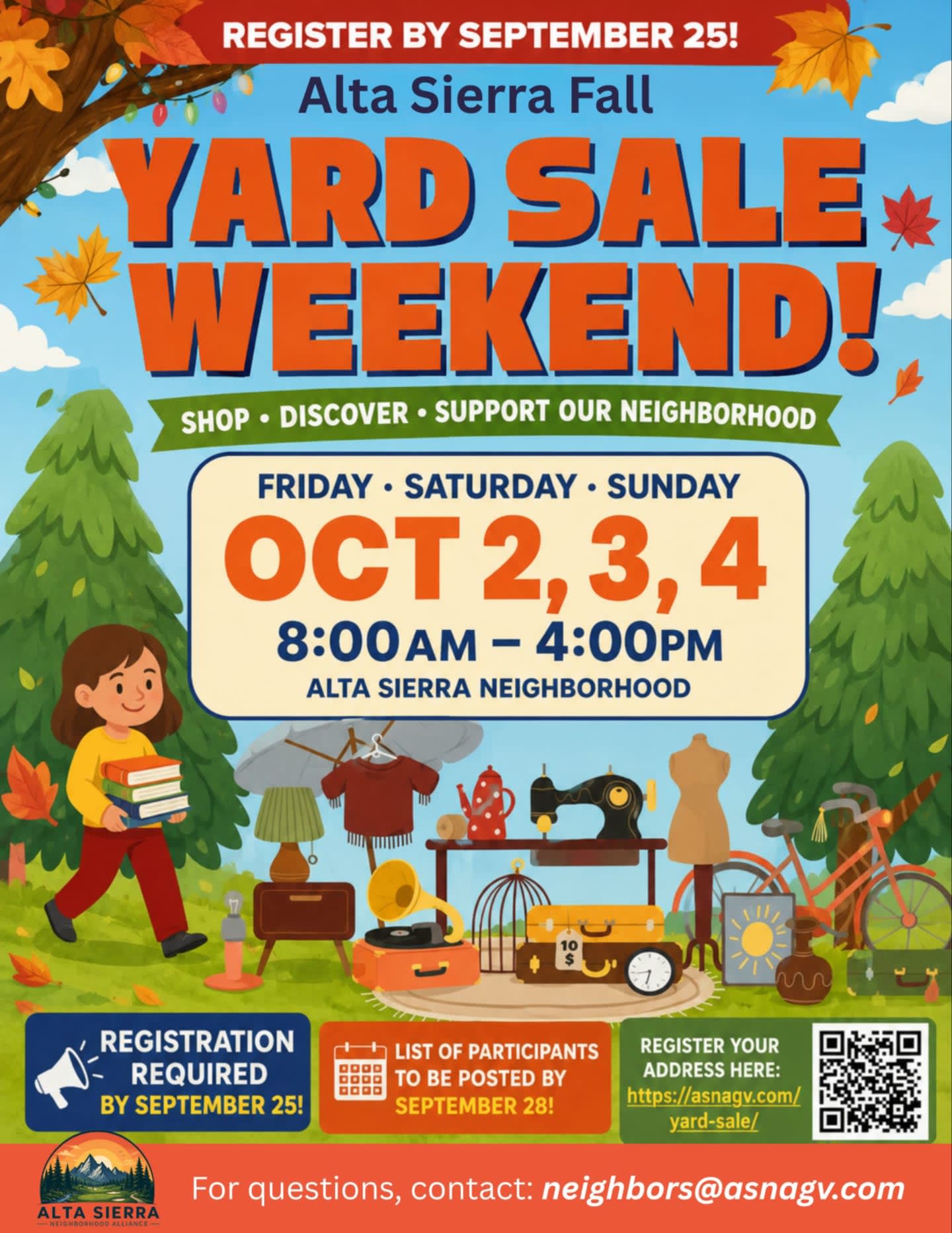 A colorful flyer advertises the Alta Sierra Fall Yard Sale Weekend with a cartoon girl carrying books in the foreground and trees and autumn leaves in the background.