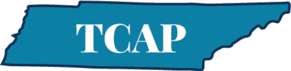 A teal outline of Tennessee contains the white text "TCAP" in the foreground, against a white background.