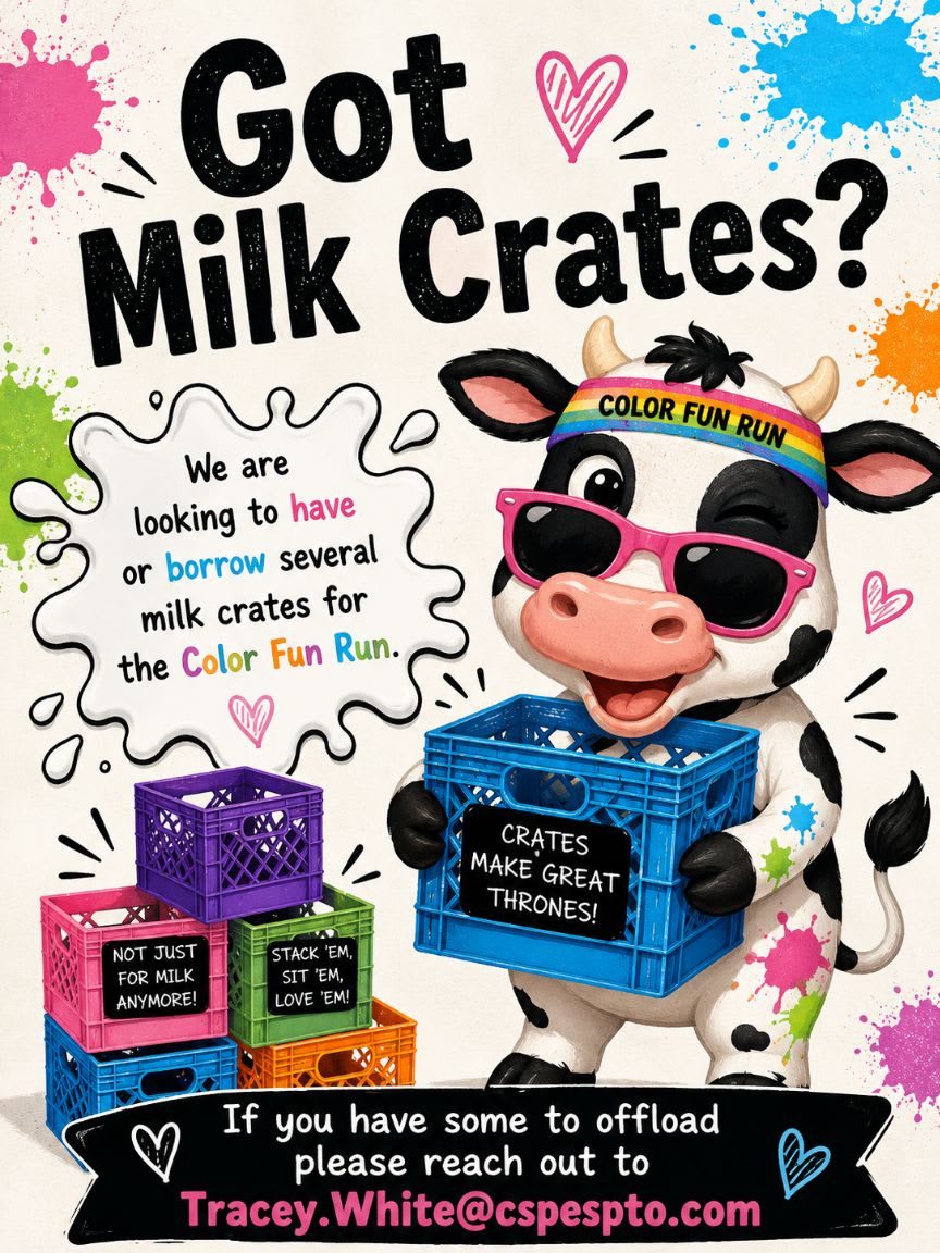 A cartoon cow wearing sunglasses and a colorful headband holds a blue milk crate, while a stack of colorful milk crates sits in the foreground against a background of paint splatters and text advertising a "Color Fun Run."
