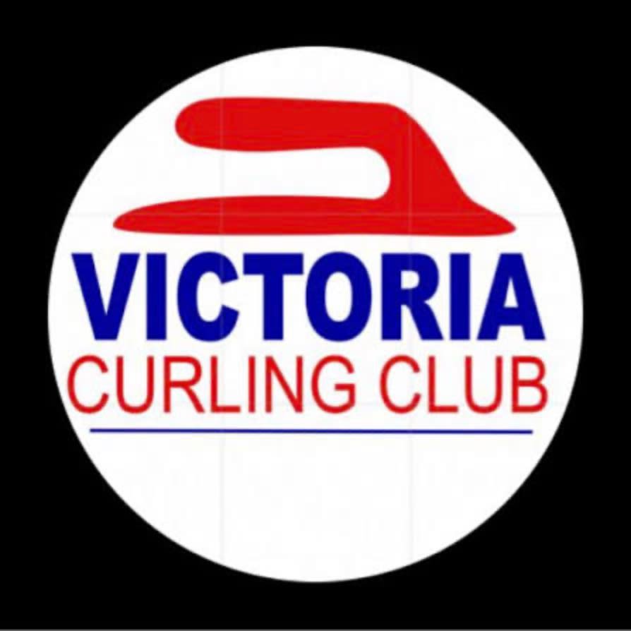 A red curling stone handle sits above blue text reading "VICTORIA CURLING CLUB" with a red line underneath, all within a white circle against a black background.
