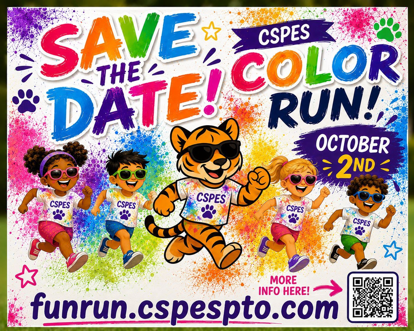 A vibrant poster for a CSPES Color Run features cartoon children and a tiger mascot running in the foreground against a background of colorful paint splatters and greenery.