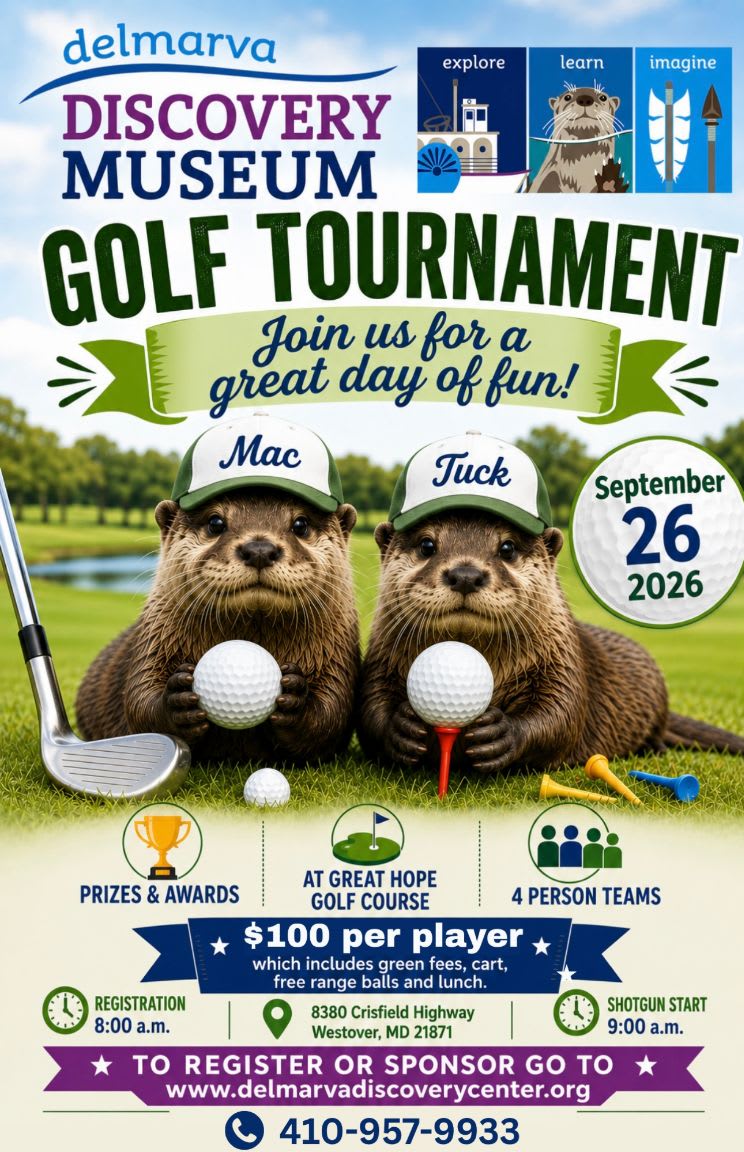Two otters in golf hats hold golf balls in front of a golf course, with tournament details listed below.