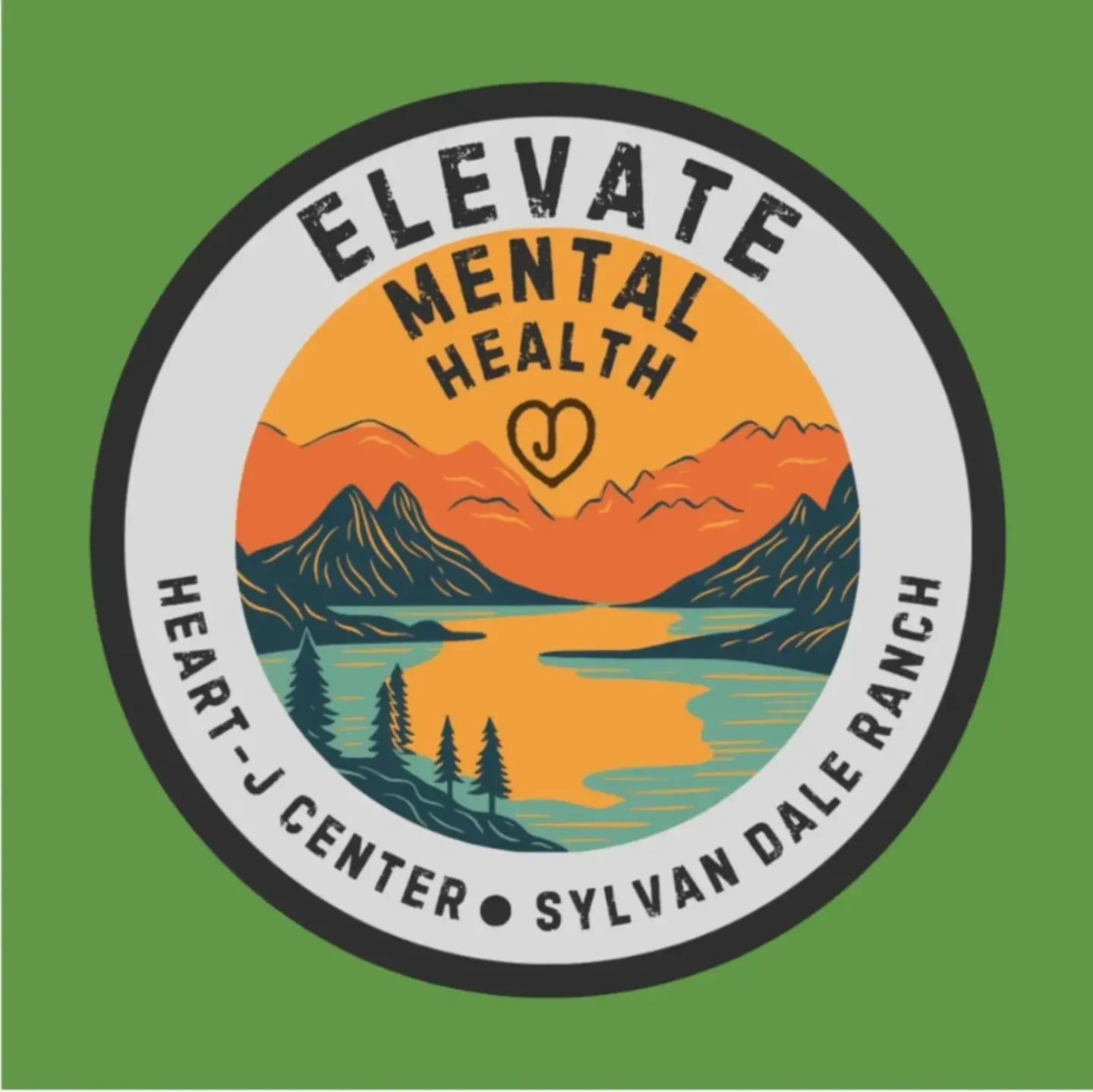 A circular logo with a serene mountain and lake landscape in the background, featuring pine trees in the foreground, is set against a green background.