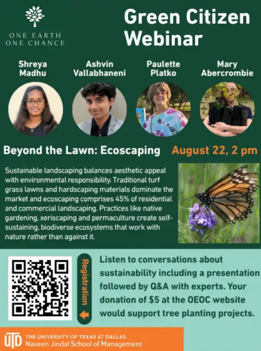 A flyer for a "Green Citizen Webinar" on "Beyond the Lawn: Ecoscaping" features portraits of four speakers in the foreground and a monarch butterfly on a purple flower in the background.