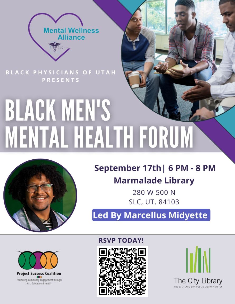 A flyer for a Black Men's Mental Health Forum features a group of men in discussion in the background and a smiling man in the foreground, with event details and logos at the bottom.