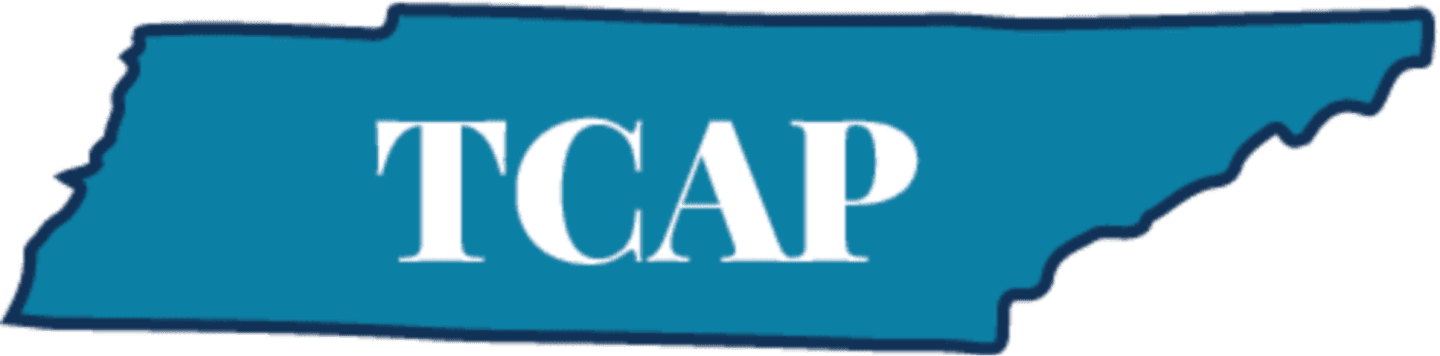 A teal outline of Tennessee contains the white text "TCAP" in the foreground, against a white background.
