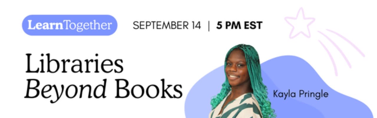 A young woman with teal braided hair smiles in the foreground, with the text "Libraries Beyond Books" and event details in the background.