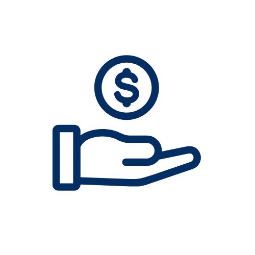A blue outline of an open hand in the foreground holds a blue outline of a coin with a dollar sign in the background against a white backdrop.