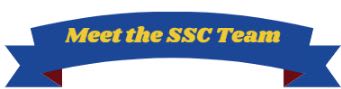 A blue banner with a dark red trim displays the yellow text "Meet the SSC Team" against a white background.
