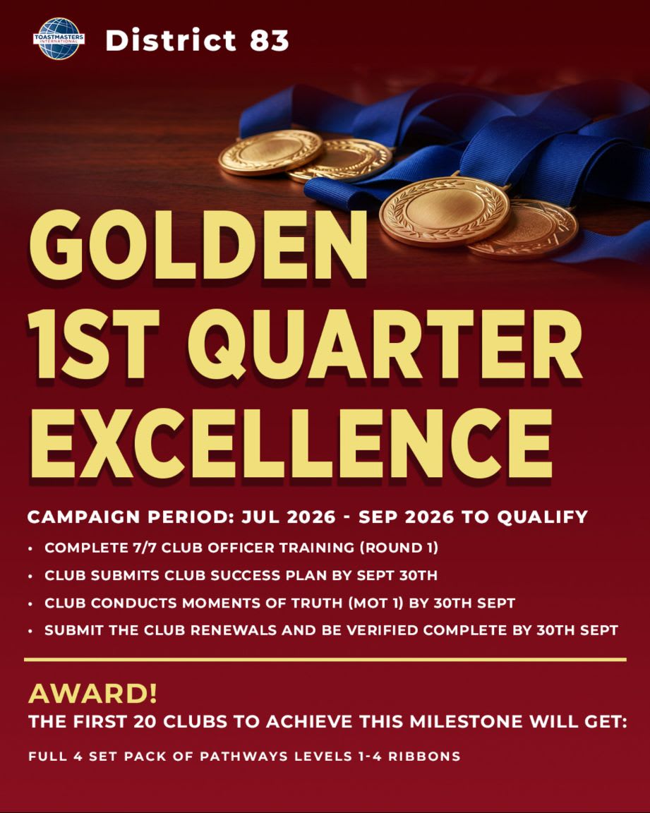 Gold medals and blue ribbons lie on a wooden surface in the foreground, while the background is a deep red with bold text announcing "Golden 1st Quarter Excellence."