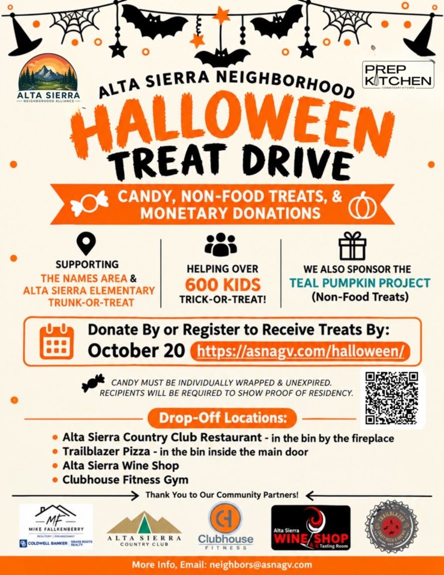 An orange and white Halloween treat drive flyer features spooky decorations at the top and detailed donation information in the center and bottom.