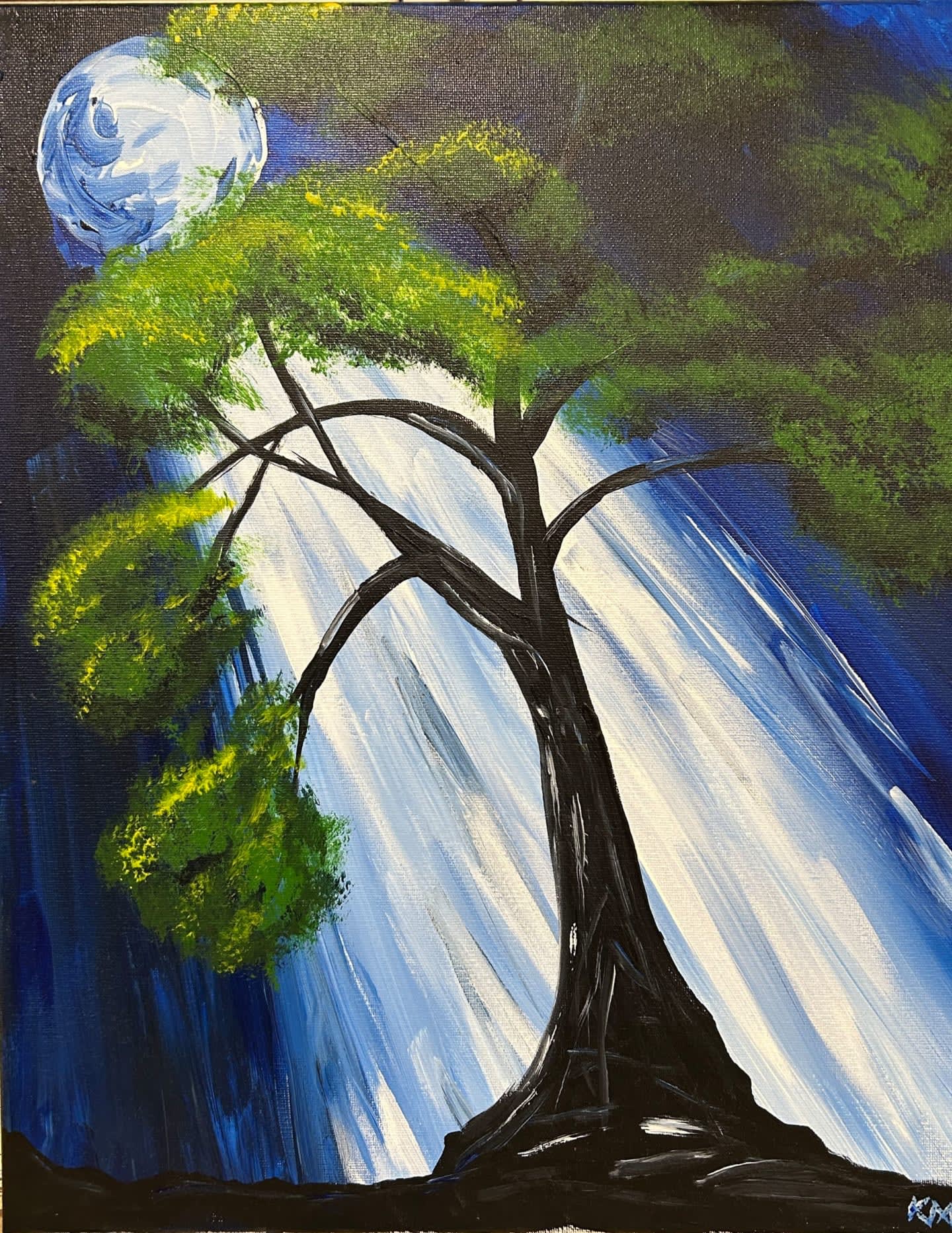 A dark, silhouetted tree with vibrant green foliage stands in the foreground against a background of a glowing full moon and dramatic white and blue light streaks.