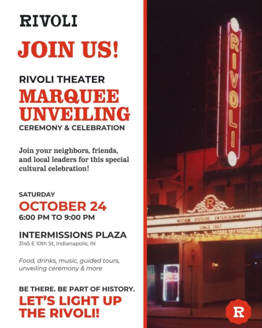 An event flyer with red and black text on a white background to the left and a nighttime photo of the Rivoli Theater's neon sign and marquee to the right.