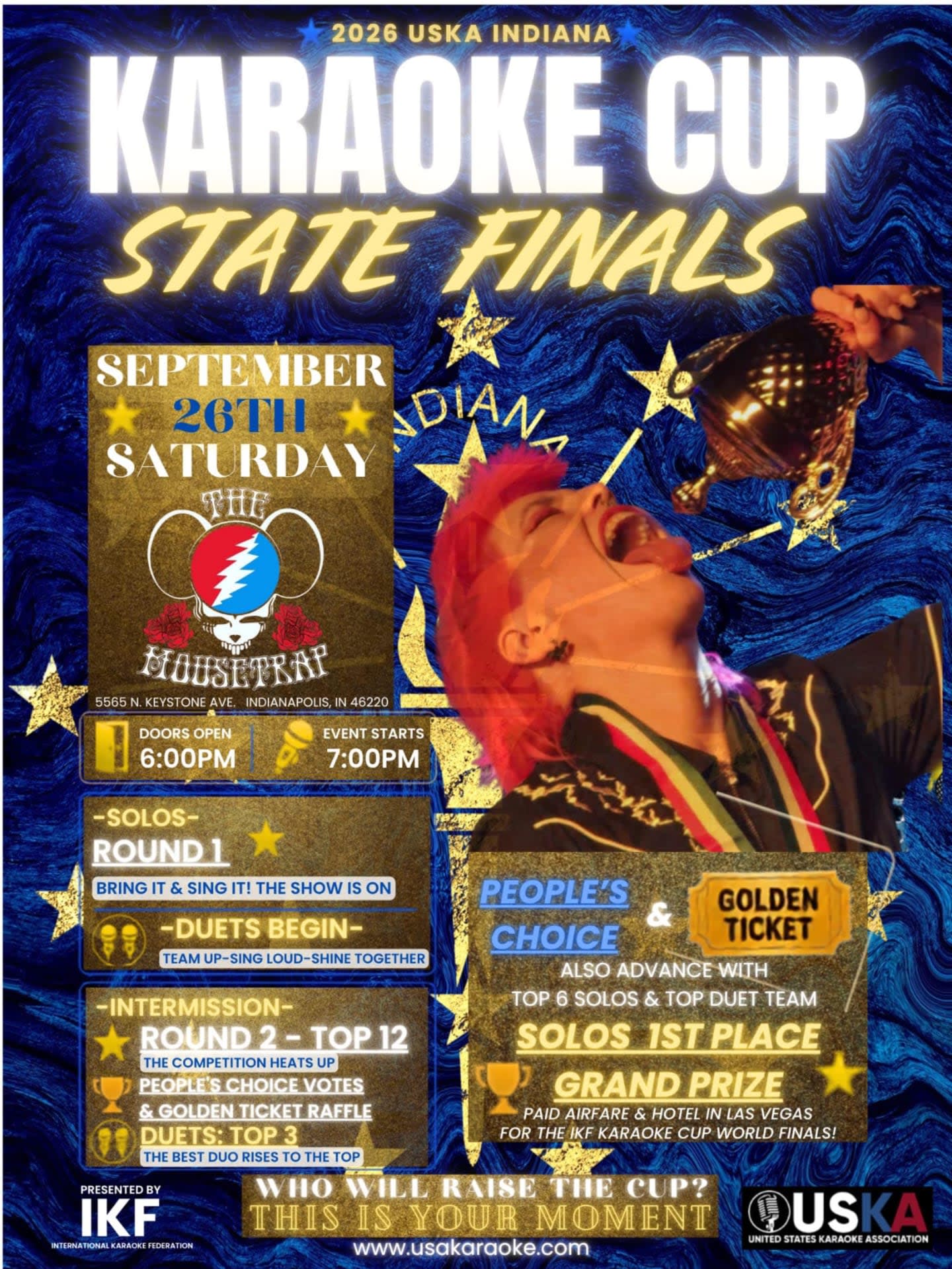 A person with bright red hair celebrates with a trophy in the foreground against a swirling blue and gold background featuring event details for the 2026 USKA Indiana Karaoke Cup State Finals.