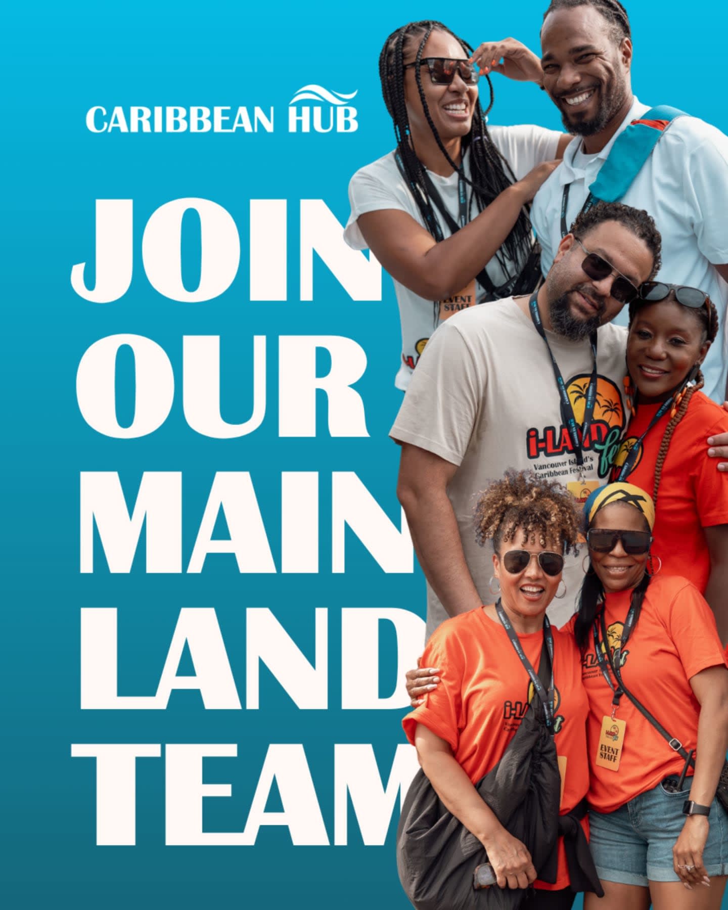 Bold white text reading "JOIN OUR MAIN LAND TEAM" stands in the foreground against a bright blue background featuring a group of smiling people.