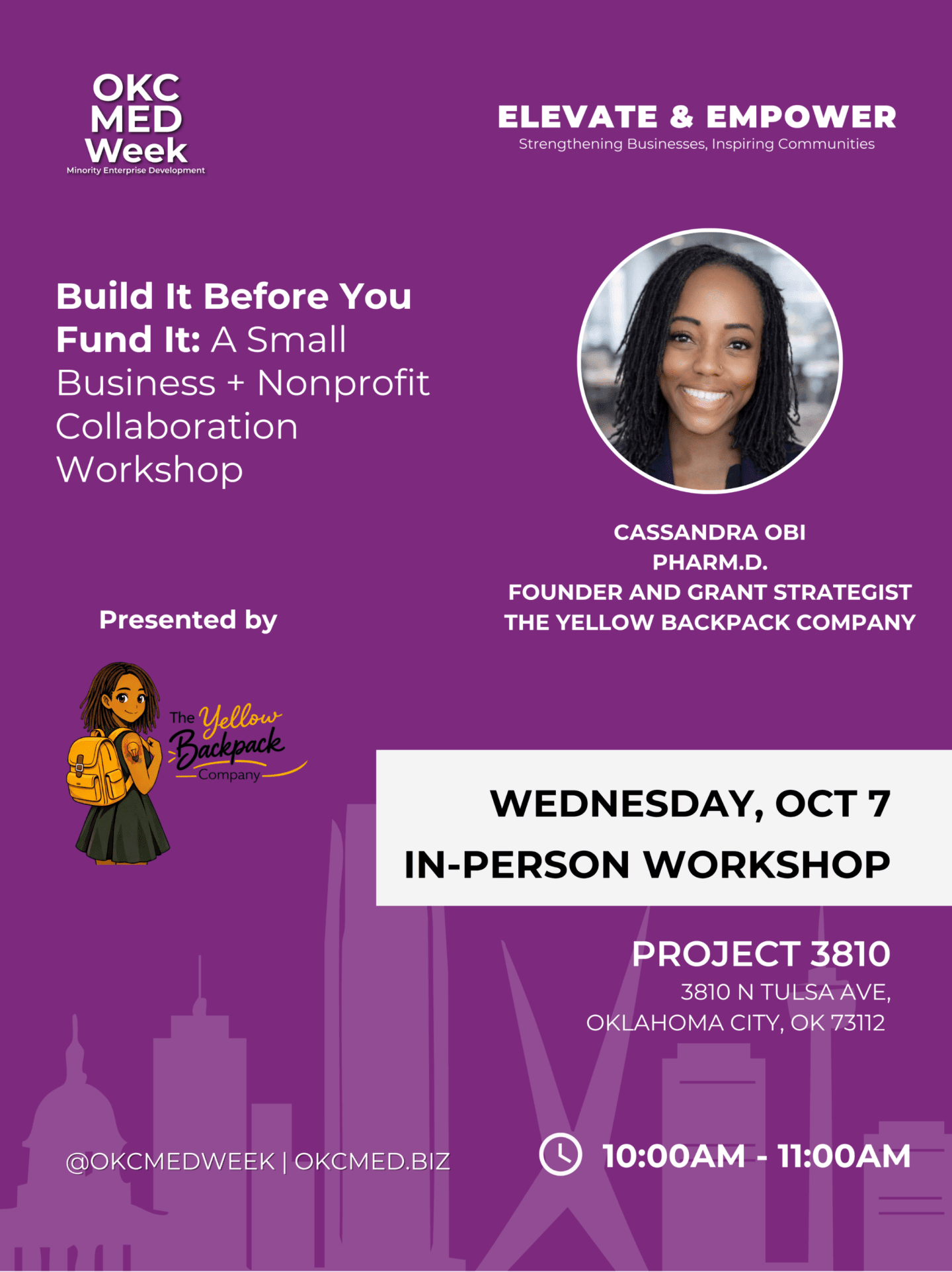 A purple promotional flyer for a business workshop features event details and a portrait of Cassandra Obi in the foreground, set against a background of stylized city silhouettes.