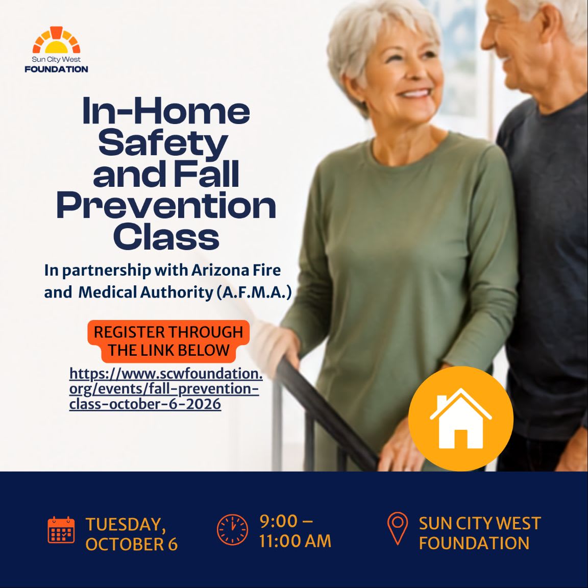 An elderly couple smiles in the foreground next to a promotional text for a safety class, set against a blurred indoor background.